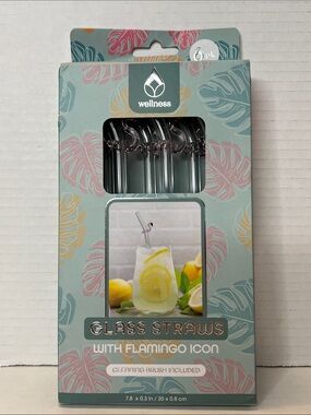 Wellness Flamingo Icon Pink Glass Straws Cleaning Brush 6 Pack New